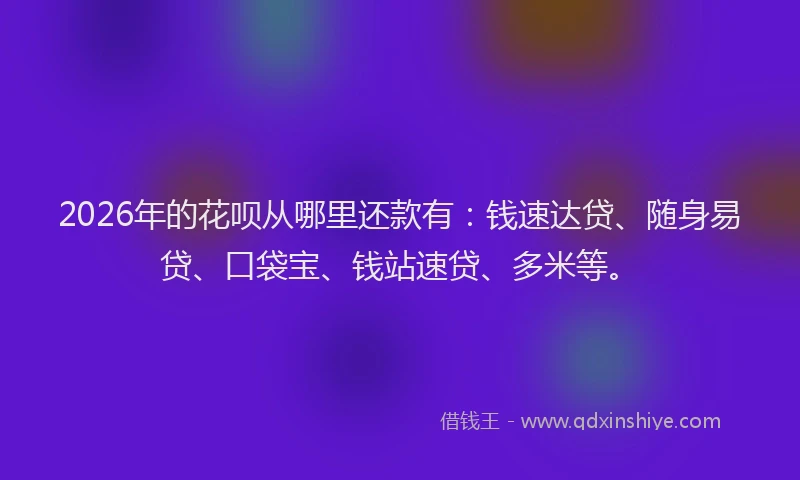 2026年的花呗从哪里还款有：钱速达贷、随身易贷、口袋宝、钱站速贷、多米等。