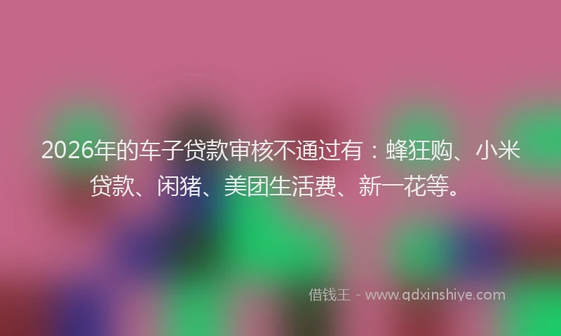 2026年的车子贷款审核不通过有：蜂狂购、小米贷款、闲猪、美团生活费、新一花等。