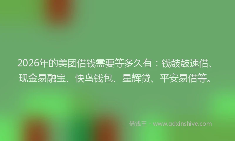 2026年的美团借钱需要等多久有：钱鼓鼓速借、现金易融宝、快鸟钱包、星辉贷、平安易借等。