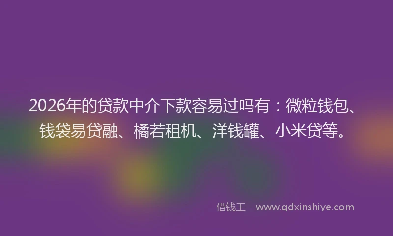 2026年的贷款中介下款容易过吗有：微粒钱包、钱袋易贷融、橘若租机、洋钱罐、小米贷等。
