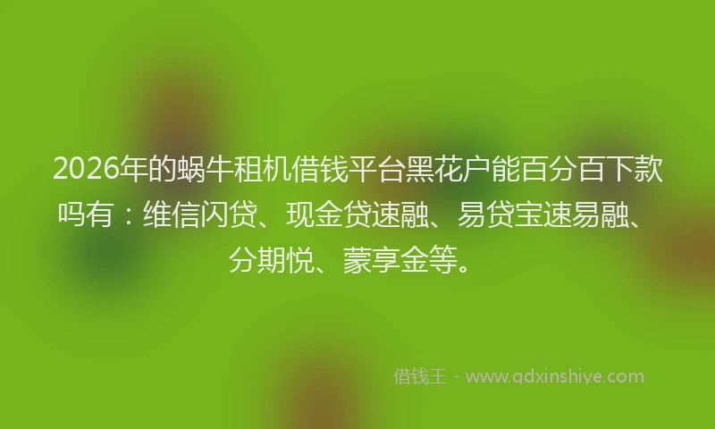 2026年的蜗牛租机借钱平台黑花户能百分百下款吗有：维信闪贷、现金贷速融、易贷宝速易融、分期悦、蒙享金等。