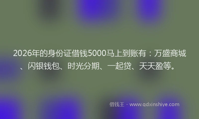 2026年的身份证借钱5000马上到账有：万盛商城、闪银钱包、时光分期、一起贷、天天盈等。