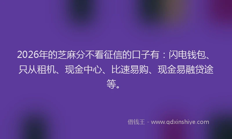 2026年的芝麻分不看征信的口子有：闪电钱包、只从租机、现金中心、比速易购、现金易融贷途等。