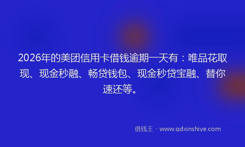 2026年的美团信用卡借钱逾期一天有：唯品花取现、现金秒融、畅贷钱包、现金秒贷宝融、替你速还等。