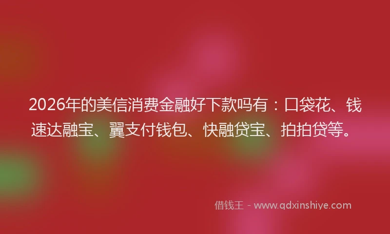 2026年的美信消费金融好下款吗有：口袋花、钱速达融宝、翼支付钱包、快融贷宝、拍拍贷等。