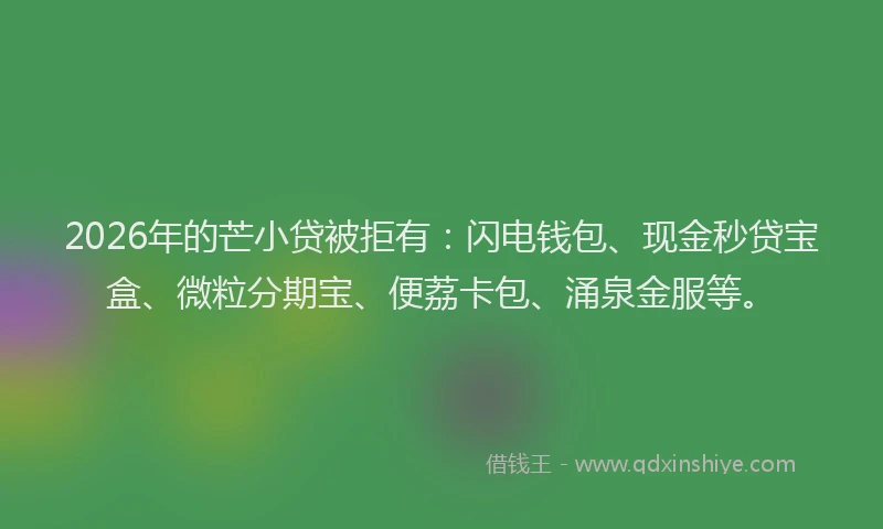 2026年的芒小贷被拒有：闪电钱包、现金秒贷宝盒、微粒分期宝、便荔卡包、涌泉金服等。