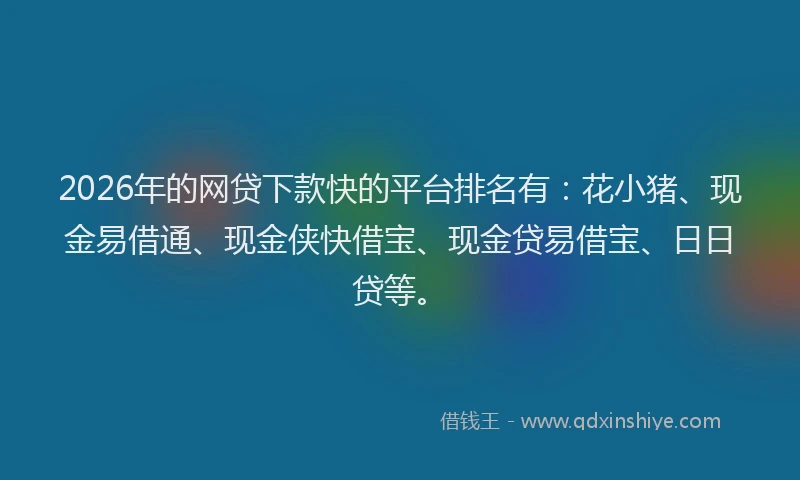 2026年的网贷下款快的平台排名有：花小猪、现金易借通、现金侠快借宝、现金贷易借宝、日日贷等。