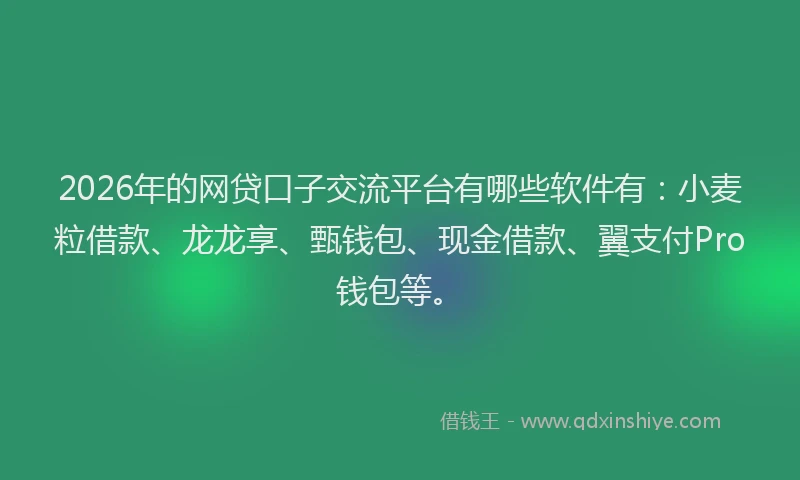 2026年的网贷口子交流平台有哪些软件有：小麦粒借款、龙龙享、甄钱包、现金借款、翼支付Pro钱包等。