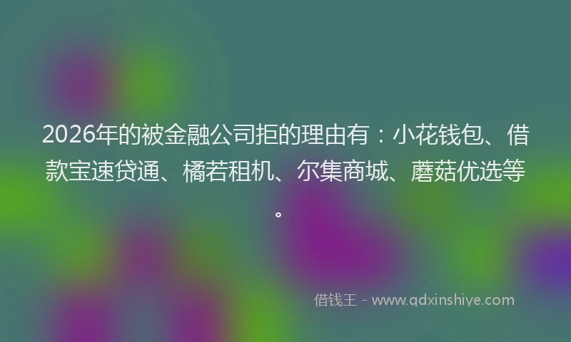 2026年的被金融公司拒的理由有：小花钱包、借款宝速贷通、橘若租机、尔集商城、蘑菇优选等。
