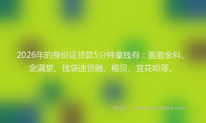 2026年的身份证贷款5分钟拿钱有：盈盈金科、金满堂、钱袋速贷融、榕贝、宜花呗等。