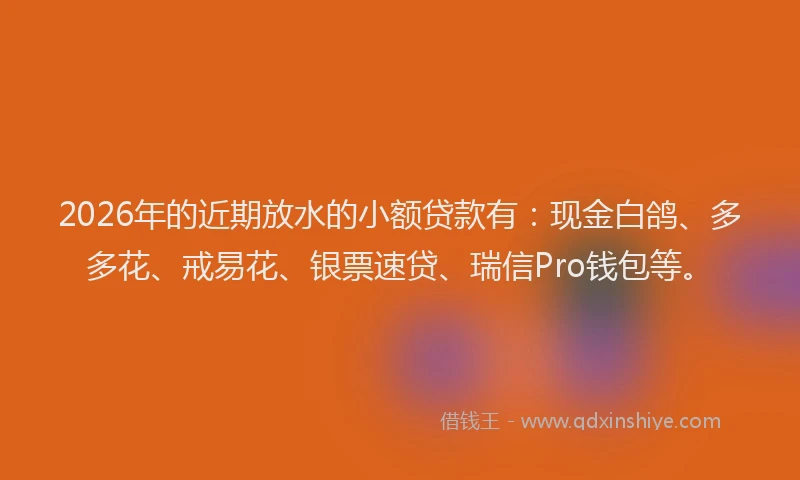 2026年的近期放水的小额贷款有：现金白鸽、多多花、戒易花、银票速贷、瑞信Pro钱包等。