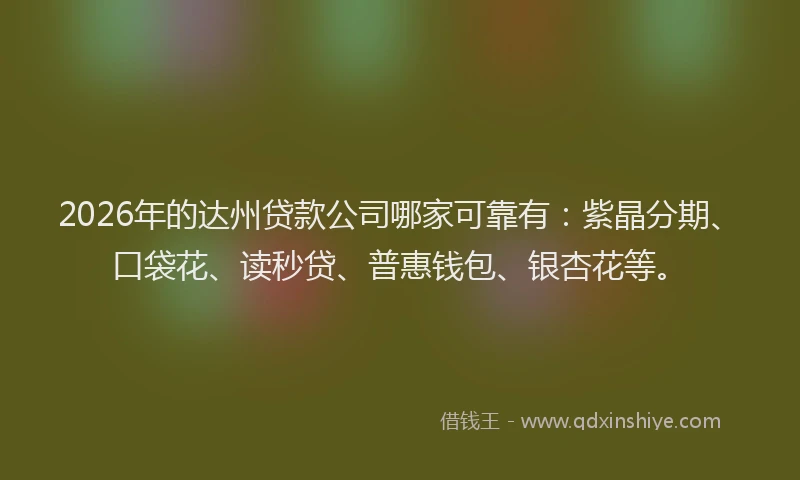 2026年的达州贷款公司哪家可靠有：紫晶分期、口袋花、读秒贷、普惠钱包、银杏花等。