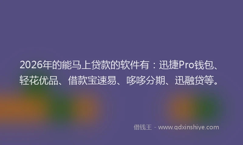 2026年的能马上贷款的软件有：迅捷Pro钱包、轻花优品、借款宝速易、哆哆分期、迅融贷等。