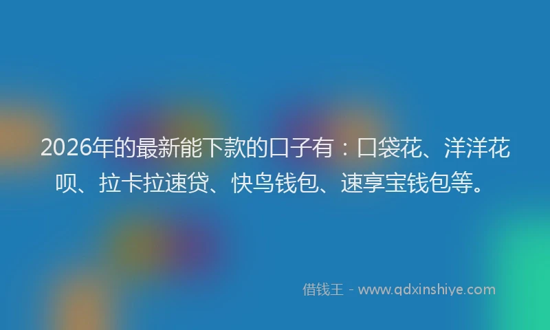 2026年的最新能下款的口子有：口袋花、洋洋花呗、拉卡拉速贷、快鸟钱包、速享宝钱包等。