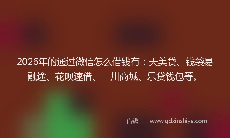 2026年的通过微信怎么借钱有：天美贷、钱袋易融途、花呗速借、一川商城、乐贷钱包等。