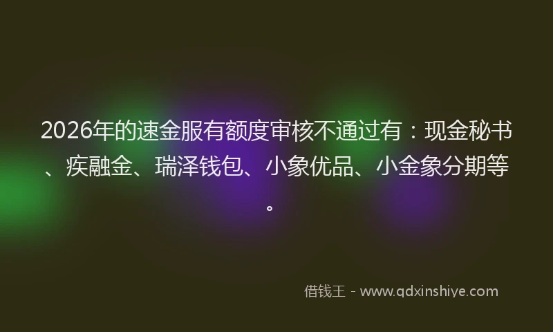 2026年的速金服有额度审核不通过有：现金秘书、疾融金、瑞泽钱包、小象优品、小金象分期等。