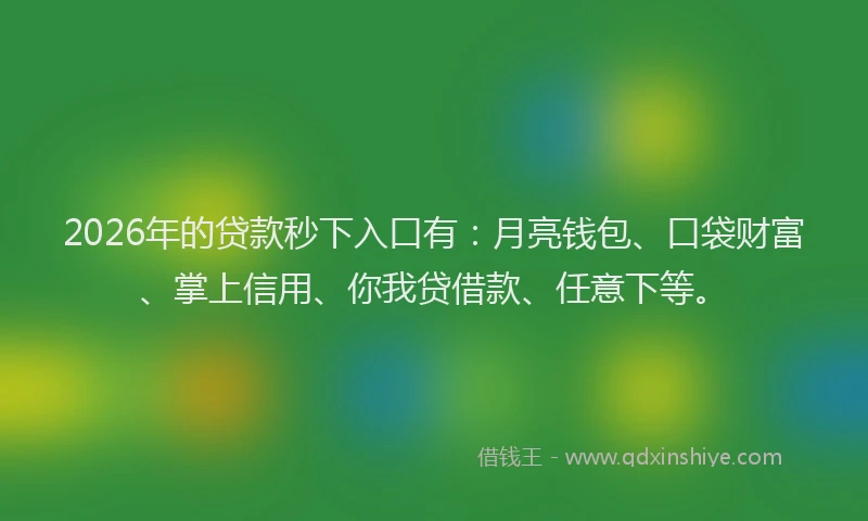 2026年的贷款秒下入口有：月亮钱包、口袋财富、掌上信用、你我贷借款、任意下等。