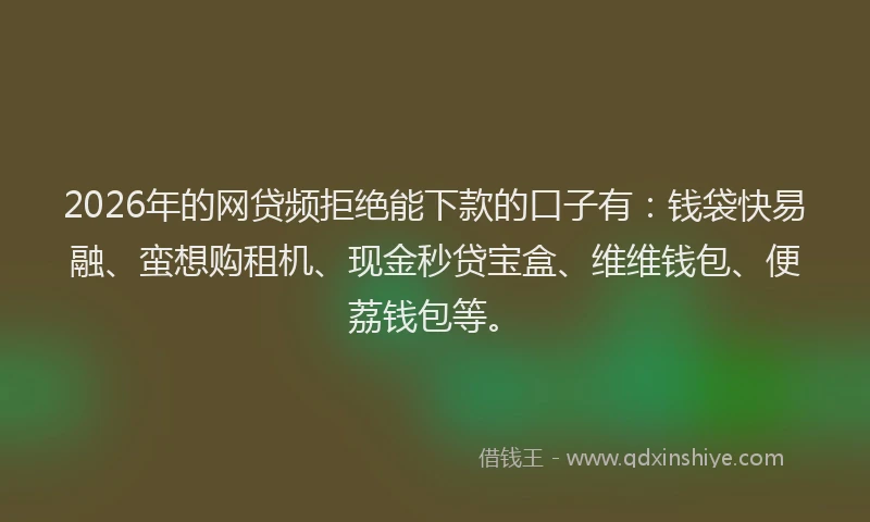 2026年的网贷频拒绝能下款的口子有：钱袋快易融、蛮想购租机、现金秒贷宝盒、维维钱包、便荔钱包等。
