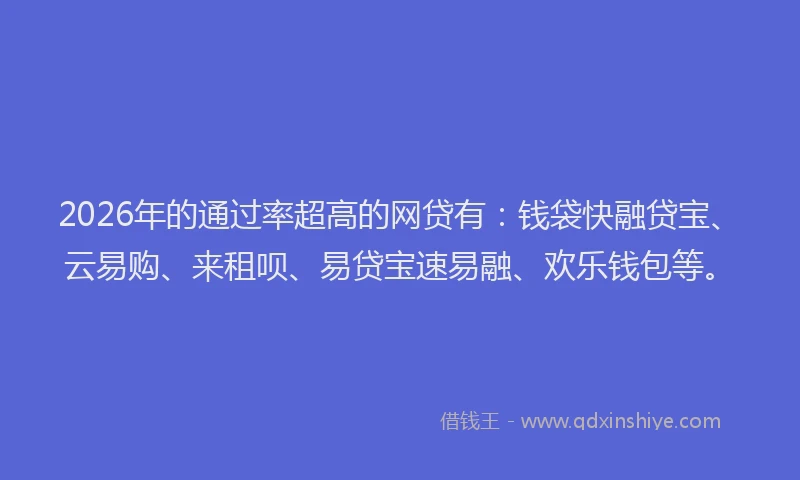 2026年的通过率超高的网贷有：钱袋快融贷宝、云易购、来租呗、易贷宝速易融、欢乐钱包等。
