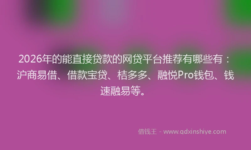 2026年的能直接贷款的网贷平台推荐有哪些有：沪商易借、借款宝贷、桔多多、融悦Pro钱包、钱速融易等。