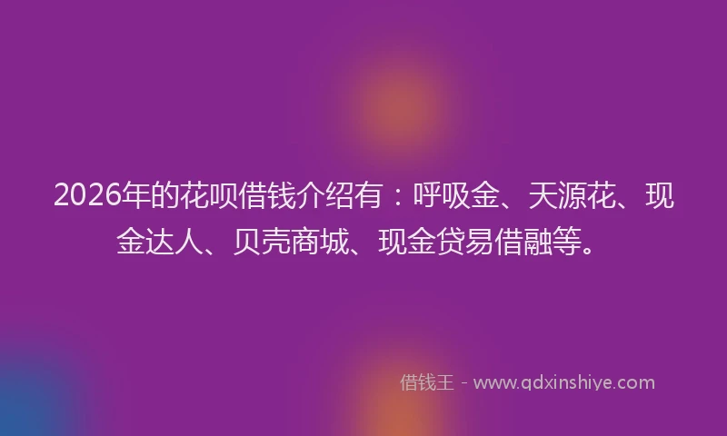 2026年的花呗借钱介绍有：呼吸金、天源花、现金达人、贝壳商城、现金贷易借融等。