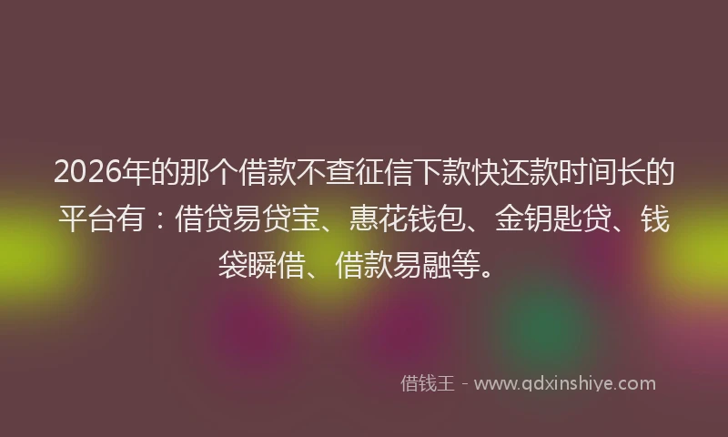 2026年的那个借款不查征信下款快还款时间长的平台有：借贷易贷宝、惠花钱包、金钥匙贷、钱袋瞬借、借款易融等。