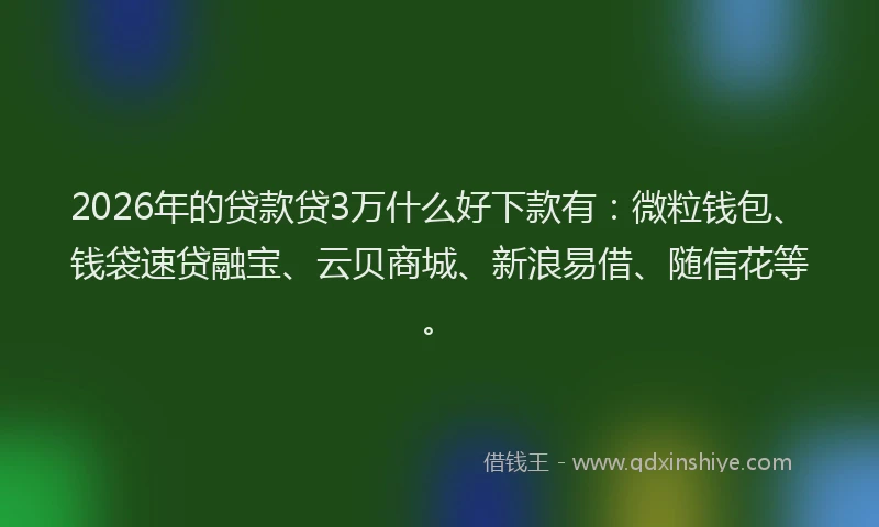 2026年的贷款贷3万什么好下款有：微粒钱包、钱袋速贷融宝、云贝商城、新浪易借、随信花等。