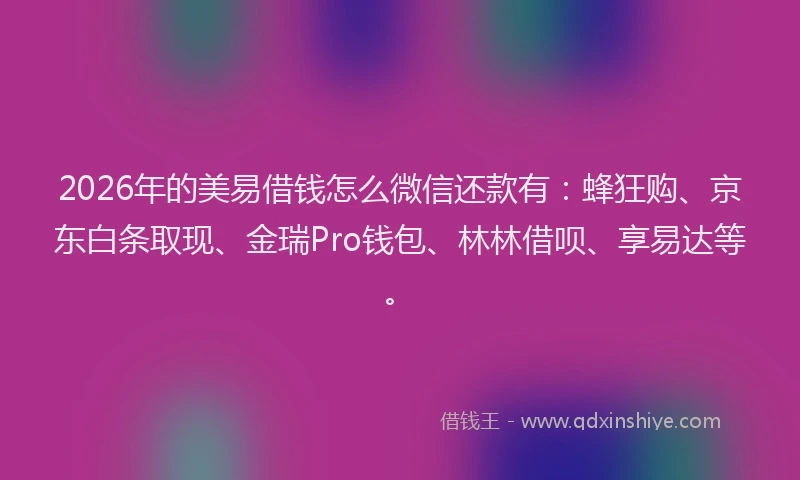 2026年的美易借钱怎么微信还款有：蜂狂购、京东白条取现、金瑞Pro钱包、林林借呗、享易达等。