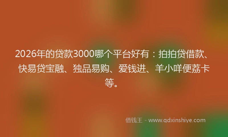 2026年的贷款3000哪个平台好有：拍拍贷借款、快易贷宝融、独品易购、爱钱进、羊小咩便荔卡等。