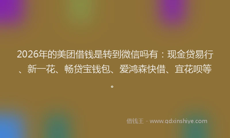 2026年的美团借钱是转到微信吗有：现金贷易行、新一花、畅贷宝钱包、爱鸿森快借、宜花呗等。