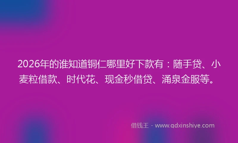 2026年的谁知道铜仁哪里好下款有：随手贷、小麦粒借款、时代花、现金秒借贷、涌泉金服等。