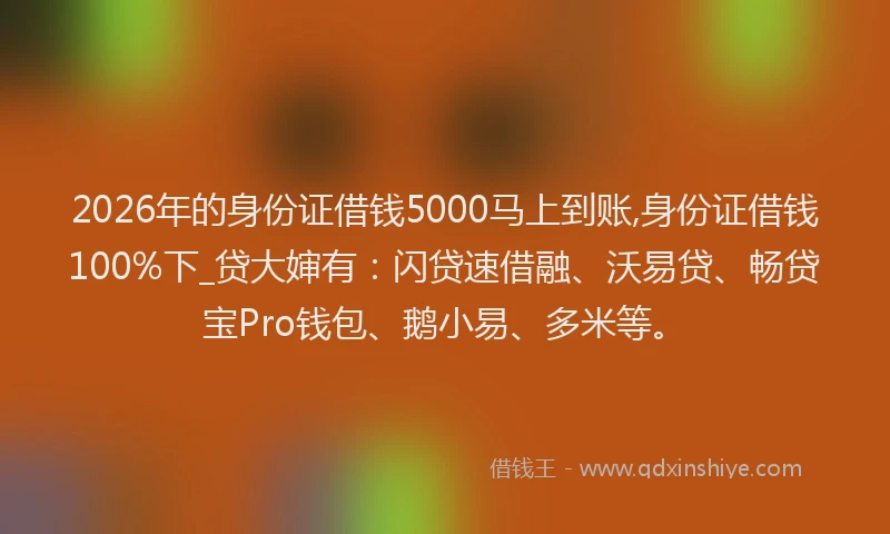 2026年的身份证借钱5000马上到账,身份证借钱100%下_贷大婶有：闪贷速借融、沃易贷、畅贷宝Pro钱包、鹅小易、多米等。