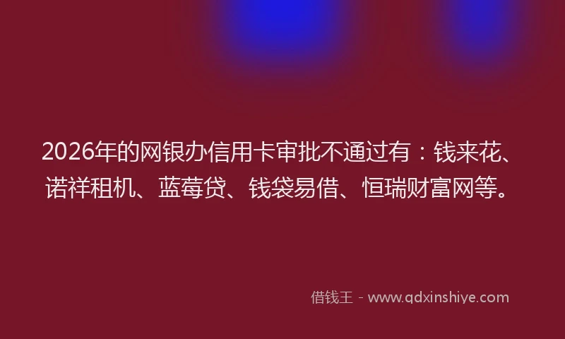 2026年的网银办信用卡审批不通过有：钱来花、诺祥租机、蓝莓贷、钱袋易借、恒瑞财富网等。