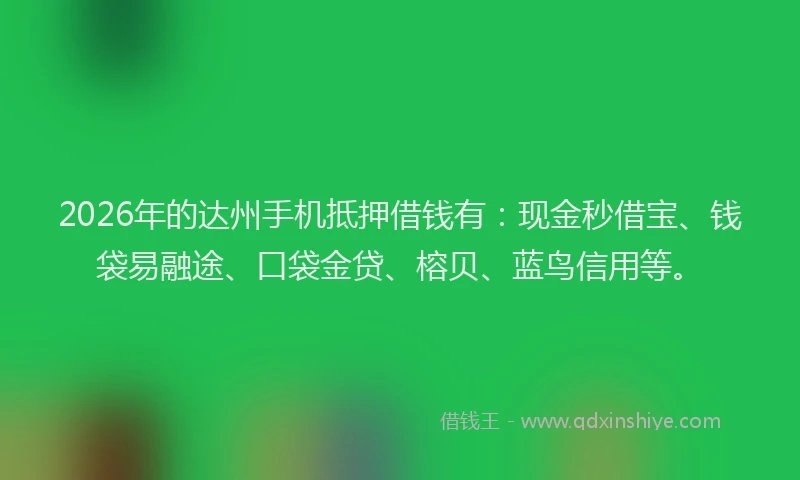 2026年的达州手机抵押借钱有：现金秒借宝、钱袋易融途、口袋金贷、榕贝、蓝鸟信用等。