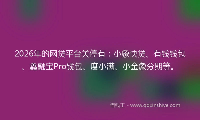 2026年的网贷平台关停有：小象快贷、有钱钱包、鑫融宝Pro钱包、度小满、小金象分期等。
