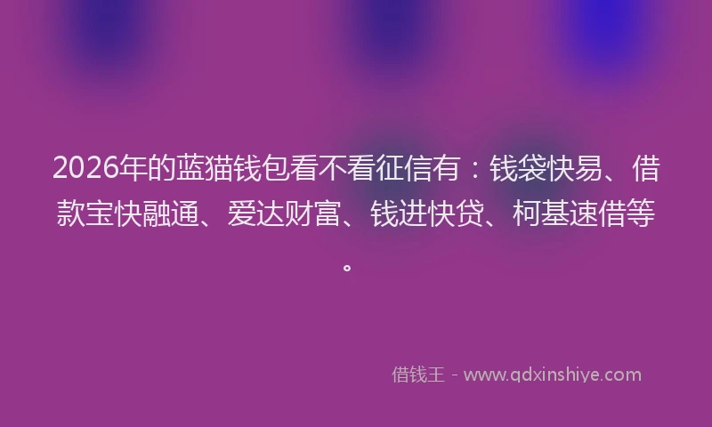 2026年的蓝猫钱包看不看征信有：钱袋快易、借款宝快融通、爱达财富、钱进快贷、柯基速借等。