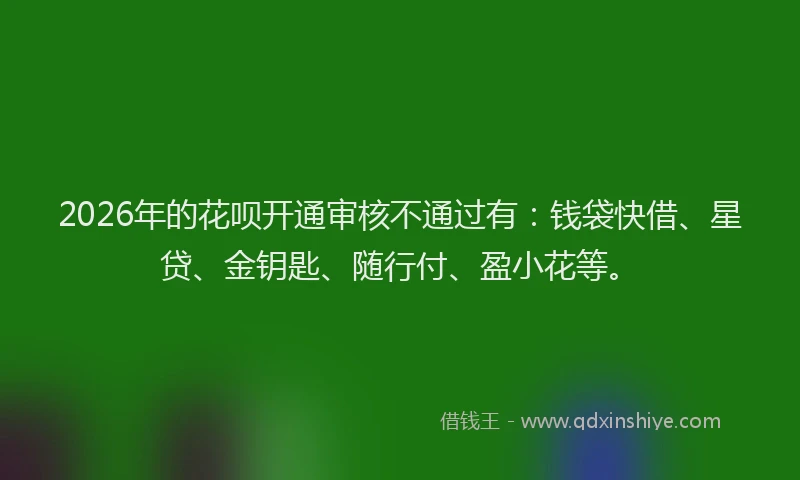 2026年的花呗开通审核不通过有：钱袋快借、星贷、金钥匙、随行付、盈小花等。