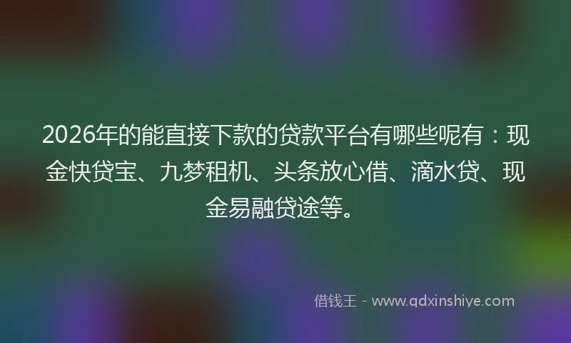 2026年的能直接下款的贷款平台有哪些呢有：现金快贷宝、九梦租机、头条放心借、滴水贷、现金易融贷途等。