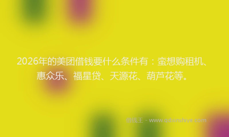 2026年的美团借钱要什么条件有：蛮想购租机、惠众乐、福星贷、天源花、葫芦花等。