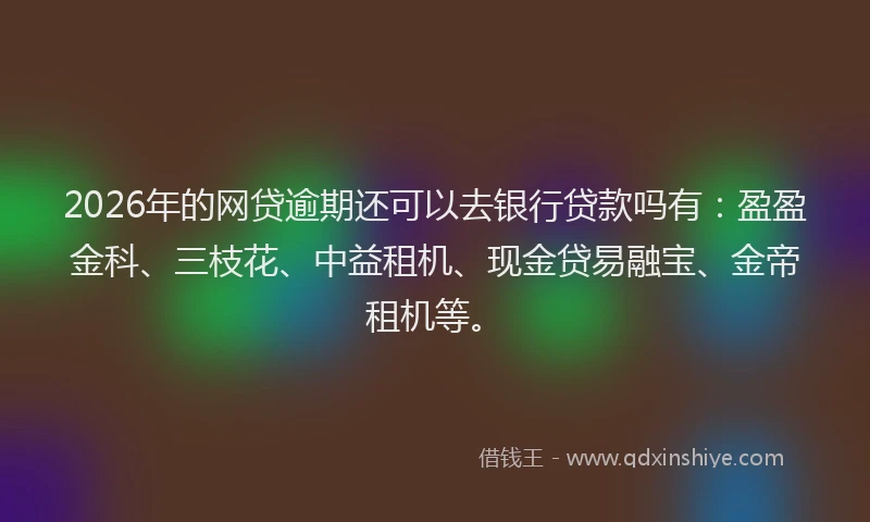 2026年的网贷逾期还可以去银行贷款吗有：盈盈金科、三枝花、中益租机、现金贷易融宝、金帝租机等。