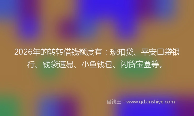 2026年的转转借钱额度有：琥珀贷、平安口袋银行、钱袋速易、小鱼钱包、闪贷宝盒等。