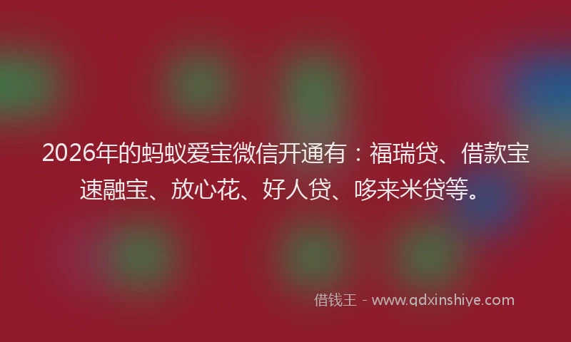 2026年的蚂蚁爱宝微信开通有：福瑞贷、借款宝速融宝、放心花、好人贷、哆来米贷等。