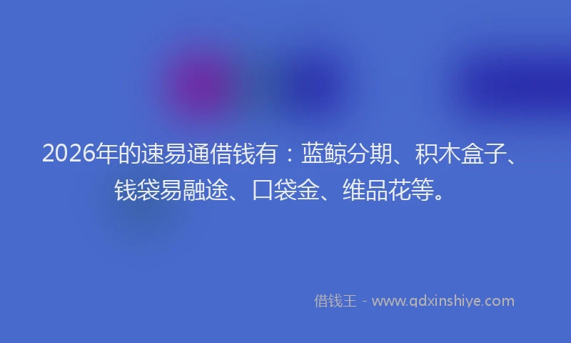 2026年的速易通借钱有：蓝鲸分期、积木盒子、钱袋易融途、口袋金、维品花等。