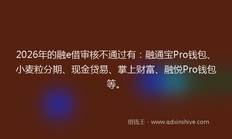 2026年的融e借审核不通过有：融通宝Pro钱包、小麦粒分期、现金贷易、掌上财富、融悦Pro钱包等。