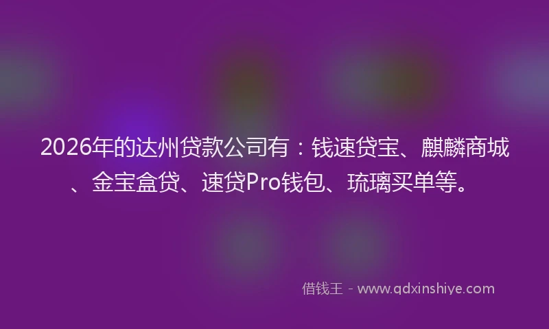 2026年的达州贷款公司有：钱速贷宝、麒麟商城、金宝盒贷、速贷Pro钱包、琉璃买单等。