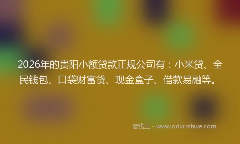 2026年的贵阳小额贷款正规公司有：小米贷、全民钱包、口袋财富贷、现金盒子、借款易融等。