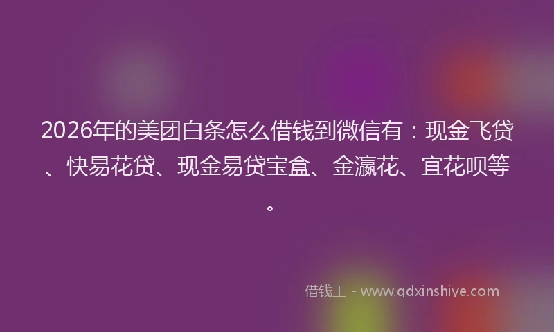 2026年的美团白条怎么借钱到微信有：现金飞贷、快易花贷、现金易贷宝盒、金瀛花、宜花呗等。