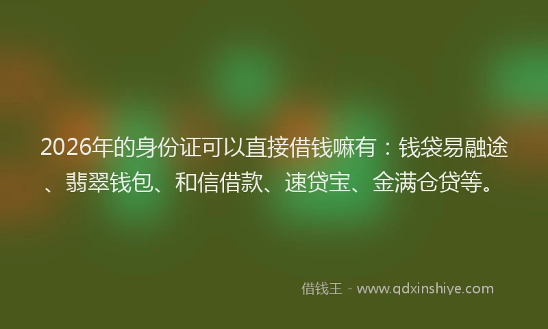 2026年的身份证可以直接借钱嘛有：钱袋易融途、翡翠钱包、和信借款、速贷宝、金满仓贷等。
