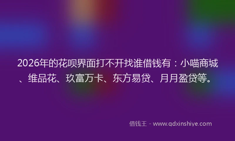 2026年的花呗界面打不开找谁借钱有：小喵商城、维品花、玖富万卡、东方易贷、月月盈贷等。