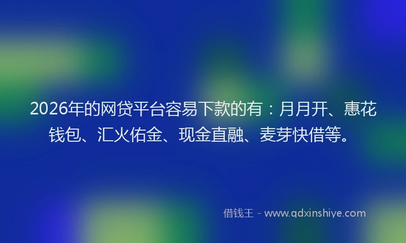 2026年的网贷平台容易下款的有：月月开、惠花钱包、汇火佑金、现金直融、麦芽快借等。